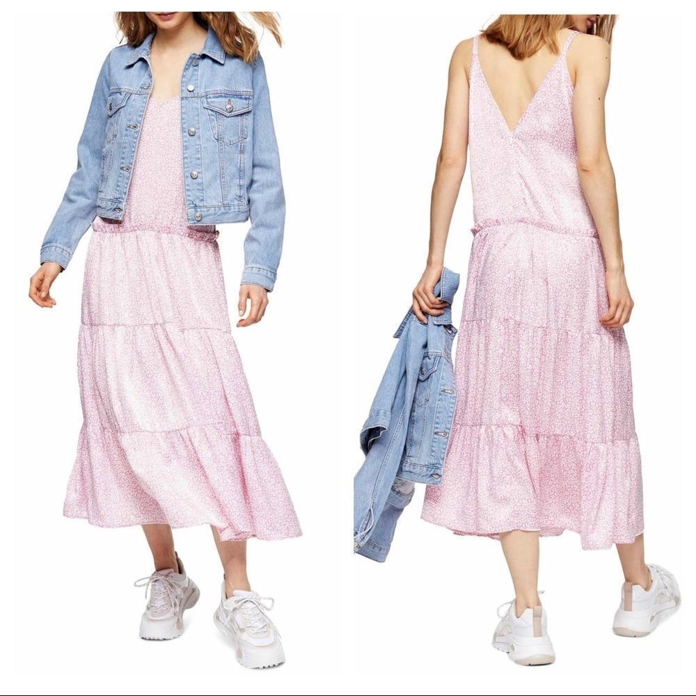 Topshop Floral Print Tiered Satin Slipdress
